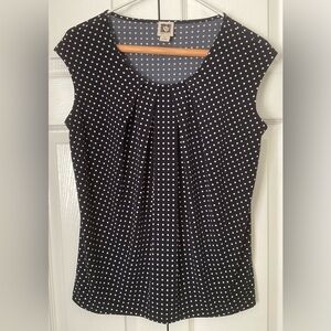Anne Klein Navy and White Polka Dot Stretch Blouse Size S